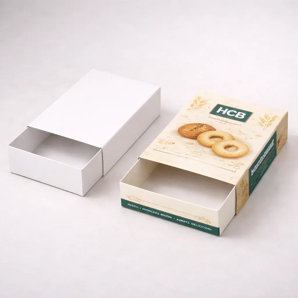 Two slide-out drawer style bagel boxes, including a white prototype and a colourful branded retail version. class=